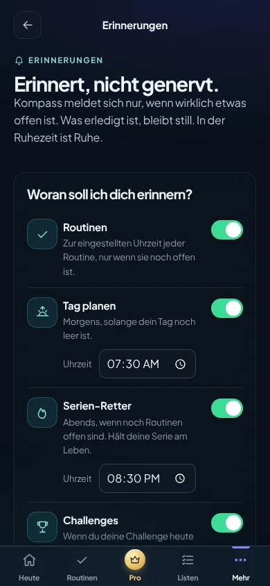 Erinnerungen in der KOMPASS-App: Routinen, Tag planen und Serien-Retter einstellen